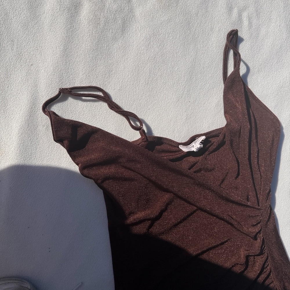 Chic Brown Ruched Mini Dress - Picture 5 of 7